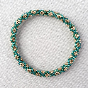 Nepalese style bracelet, miyuki bead bracelet, women&#39;s tubular bracelet, green and gold peyote weave seed bead bangle