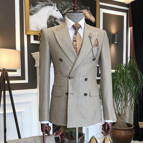 Camel Striped Double Breasted Suit 2-piece - Etsy