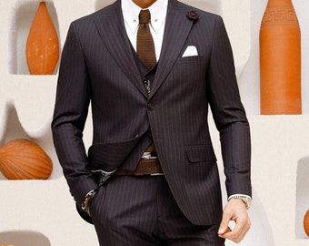 Black Striped Slim-Fit Suit 3-Piece