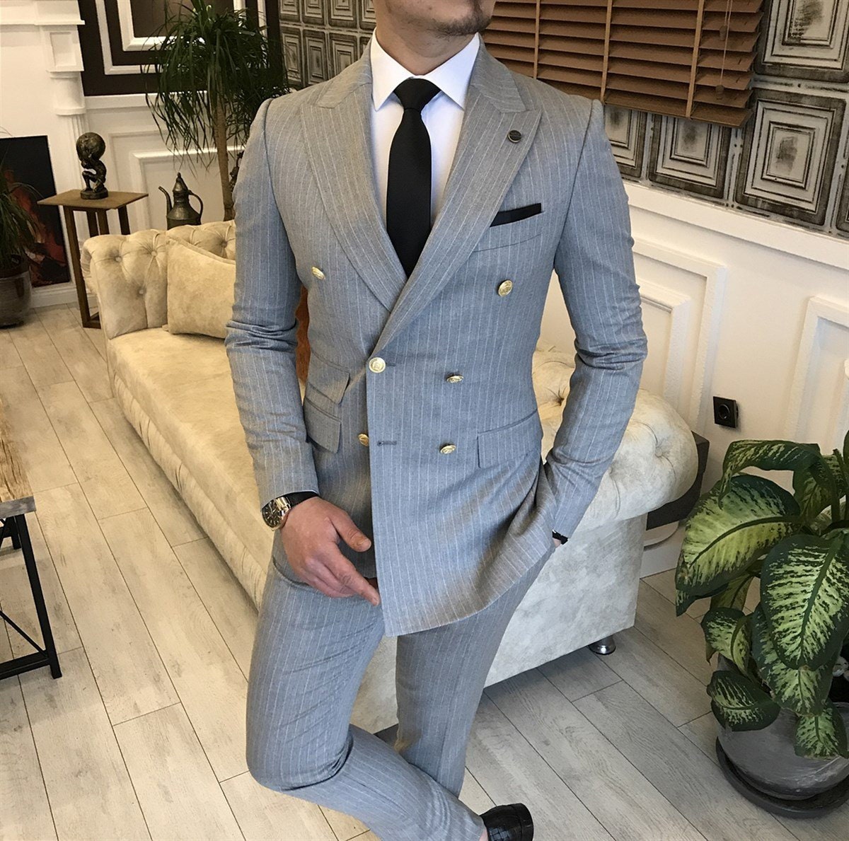 Grey Striped Double Breasted Suit 2-Piece | Etsy