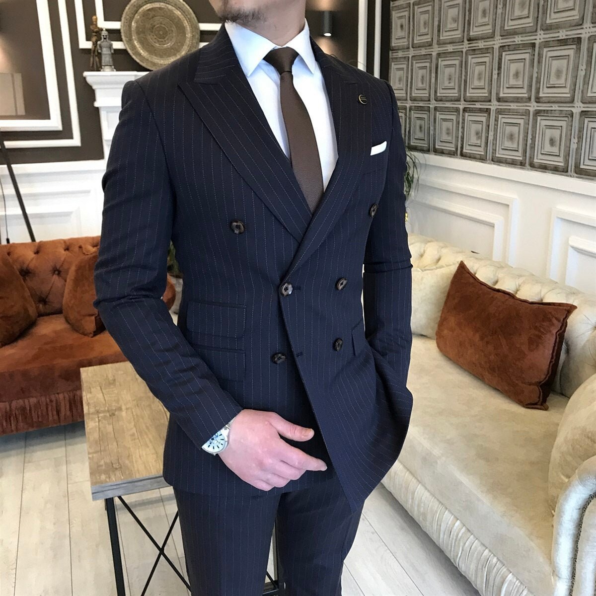 Deep Navy Striped Double Breasted Suit 