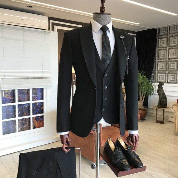 Black Slim-fit Suit 3-piece - Etsy 