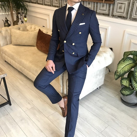 Navy Striped Double Breasted Suit 2 