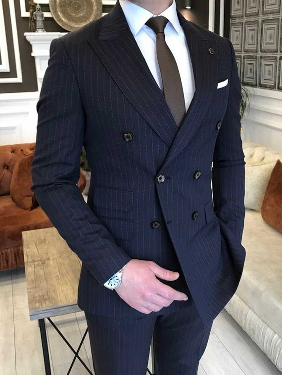 Deep Navy Striped Double Breasted Suit 