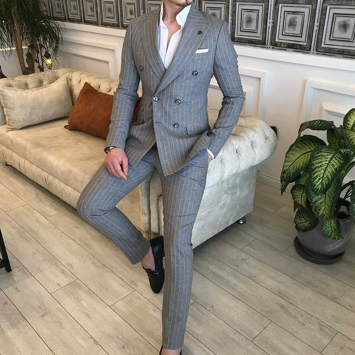 Grey Striped Double Breasted Suit 2piece Etsy