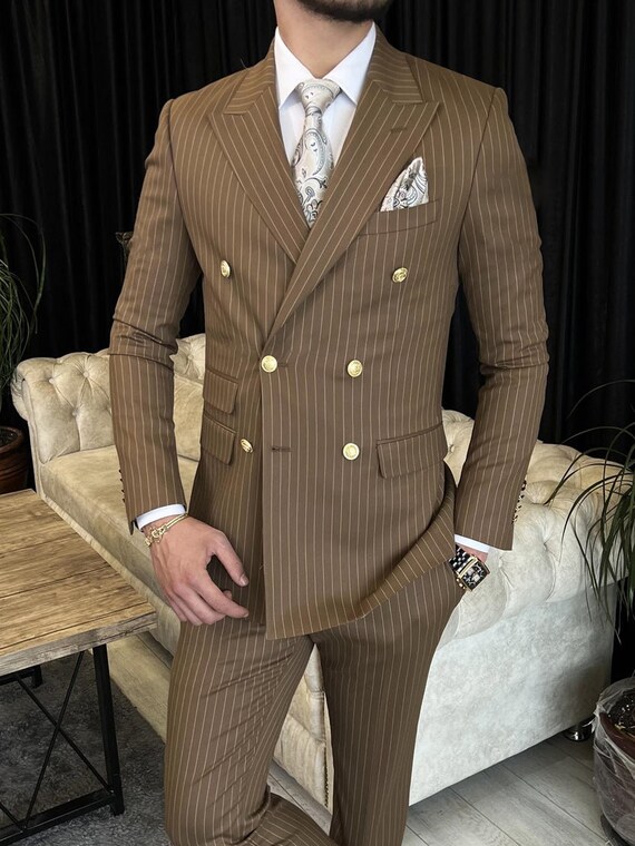 Brown Striped Double Breasted Suit 2-piece - Etsy