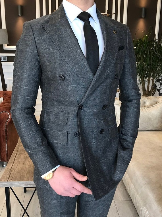 Grey Plaid Double Breasted Suit 2-piece 
