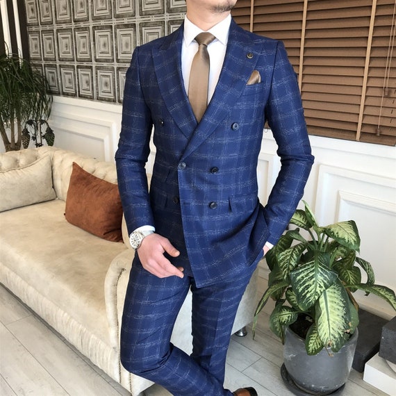 Blue Plaid Double Breasted Suit 2-piece 