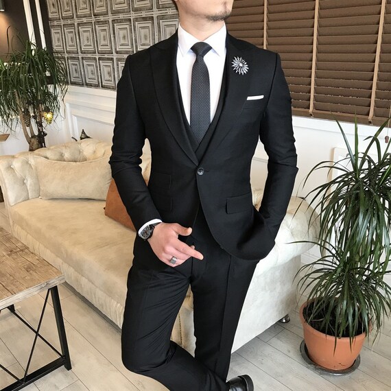 Black Slim-fit Suit 3-piece | Etsy 