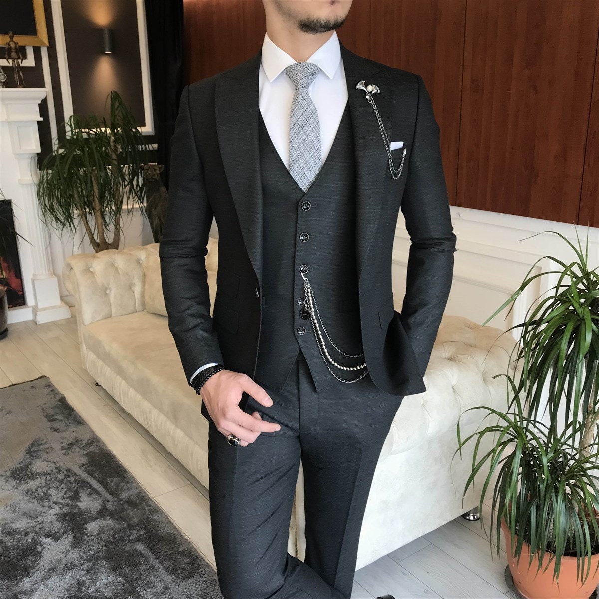 Dark Grey Plaid Slim-fit Suit 3-piece - Etsy