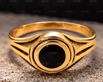 Black Onyx Ring, 925 Sterling Silver Gold Plated Vintage Signet Ring for Men Women, Round Pinky Ring Unisex Dainty Gift for Him Her