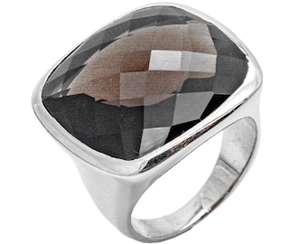 Cushion Cut Smoky Quartz Ring: Sterling Silver Unisex Band