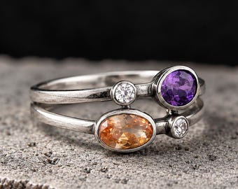 Citrine, Amethyst & CZ Ring,  Band Ring, 925 Sterling Silver Ring, Handmade Stackable Ring, Silver Stone Ring, Anniversary Gift For Her,