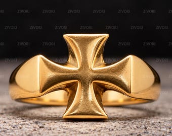 Maltese Cross Ring, 925 Sterling Silver Gold Plated Templar Cross Signet Ring for Men Women, Chunky Knight Ring Unisex Gift for Him Her