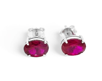 925 Sterling Silver Synthetic Ruby Oval Stud Earrings