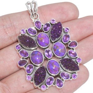 Handmade Vintage Statement Pendant Real Amethyst Purple Copper Turquoise Purple druzy Pendant perfect gift for special occassion