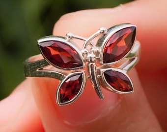 Anillo de granate natural, plata de ley 925, anillo de mariposa roja, anillo con dije, anillo de promesa para mujer, anillo de piedra natal, anillo de compromiso, regalo para ella