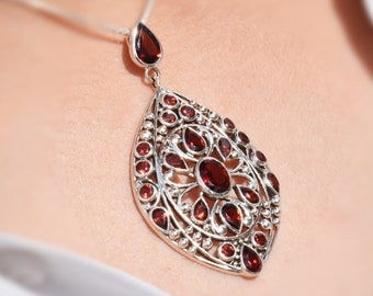 Gemstone Pendant 925 Sterling Silver Large Antique Pendant Big Pendant Garnet Pendant Vintage Pendant Multi-Stone Pendant