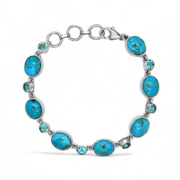 Natural Turquoise & blue topaz Bracelet 925 Silver Bracelet for her anniversary gift