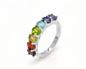 Anillo de piedras preciosas de 7 chakras, anillo colorido arcoíris, anillo de varias piedras, anillo hecho a mano de plata de ley 925 maciza, anillo de joyería espiritual curativa