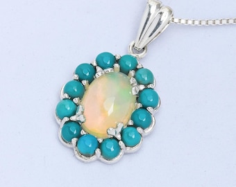 Natural Ethiopian Opal & Turquoise Pendant, 925 Sterling Silver Pendant, Birthstone Pendant, Multi Stone Pendant, Statement Pendant Gift