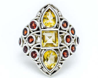 Garnet and Citrine Statement Ring: Solid Sterling Silver