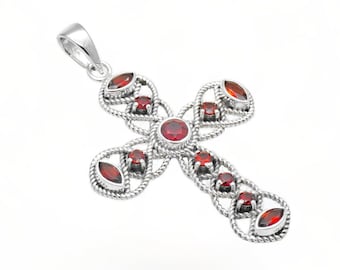 Pendentif croix en grenat : bijoux en argent sterling 925 avec pierres précieuses rouges