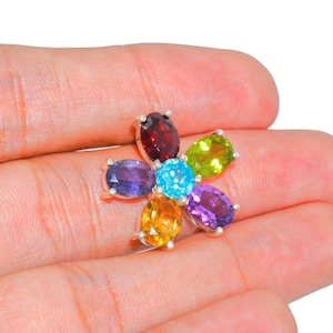 Natural Multi-gemstone Pendant, 925 Silver Flower pendant, Gift for her, Birthday gift