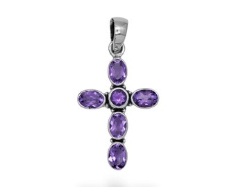 May include: A silver cross pendant with seven oval-shaped amethyst gemstones.