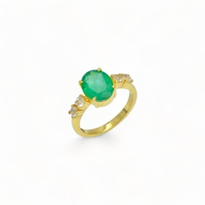 18k Gold Emerald Ring: Natural Emerald & Moonstone, Handmade in Jaipur