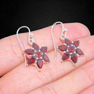 Flower earrings Charm earrings Red Garnet Earrings 925 silver earrings women's Dangle earrings gift for her