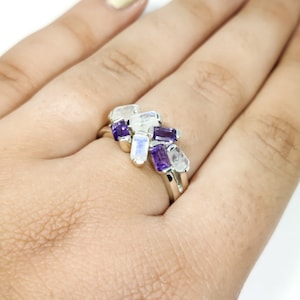 Exquisite dainty ring, 925 Silver Gemstone Ring, Amethyst moonstone Designer Ring, Gift for her