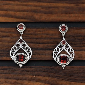 Handmade Garnet Dangle Earrings: 925 Sterling Silver Drop Jewelry