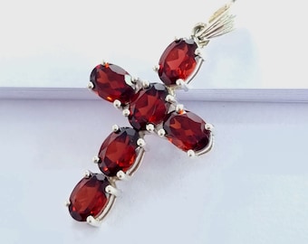 Gemstone Cross Pendant, Garnet Pendant, Cross Pendant, 925 Sterling silver pendant, Red Gemstone Jewelry, God's Pendant, Gift for her