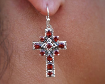 Sterling Silver Cross Earrings: Red Garnet Gemstone Dangle Jewelry