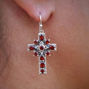Minimalistic Cross Earrings Women&#39;s 925 Sterling Silver Red garnet gemstone Cross Charm Dangle Earrings Religious jewelr