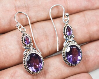 Hermosos aretes de piedras preciosas hechos a mano, aretes de amatista de plata esterlina 925, aretes colgantes y colgantes, regalo para ella