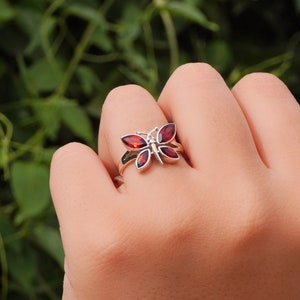 Red Butterfly Garnet ring 925 sterling silver Charm Ring women&#39;s ring gift for her