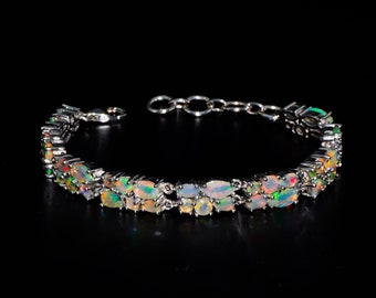 Pulsera de plata de ley con ópalo etíope: Joyería ajustable con ópalo de fuego.