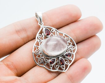 Rose Quartz Pendant: Sterling Silver Filigree with Garnet Accents