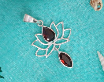 Garnet Lotus Pendant: 925 Sterling Silver Flower Charm