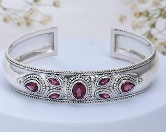 Rhodolite Garnet Cuff: Adjustable Sterling Silver Bracelet