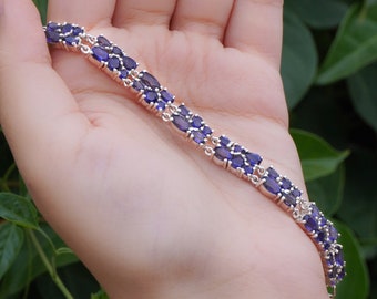 Pulsera de iolita de calidad AAA, pulsera de plata 925 con piedra preciosa de iolita, pulsera ajustable para mujer, regalo de Navidad para ella.