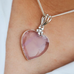 Dainty Pink Heart Rose Quartz Necklace Pendant 925 Sterling Silver Minimalistic Heart Pendant Lovely Gift for Her