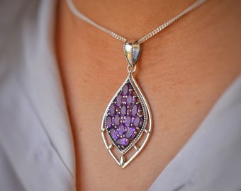 Natural Amethyst Pendant, 925 Sterling Silver Pendant, Leaf Pendant, Designer Pendant, Long Pendant, Women's Jewelry, Pendant for Her