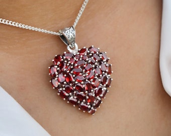 Ciondolo con collana a cuore rosso, ciondolo a cuore fatto a mano con pietra preziosa di granato, bellissimo cuore in argento sterling massiccio 925, nuovo regalo per la mamma