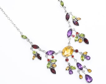Multi Gemstone 925 Sterling Silver Necklace - Garnet, Amethyst, Citrine, Peridot