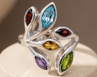 Ring met natuurlijke peridot en diverse edelstenen, 925 sterling zilver, verstelbare ring, statement ring voor dames, verlovingsring, geboortesteenring, cadeau voor haar