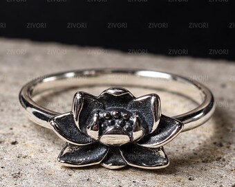 Lotus Flower Ring, 925 Sterling Silver Oxidized Boho Ring, Dainty Floral Stacking Ring, Birthday Gift for Her, Yoga Spiritual Jewelry
