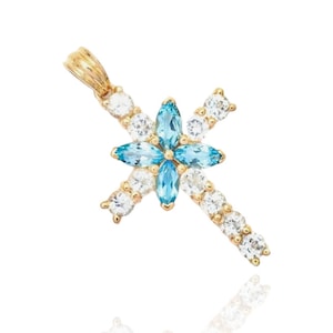 Natural Topaz Cross, 925 Silver Charm Jewelry, minimal Cross, Blue Topaz & White Topaz, Gift for her